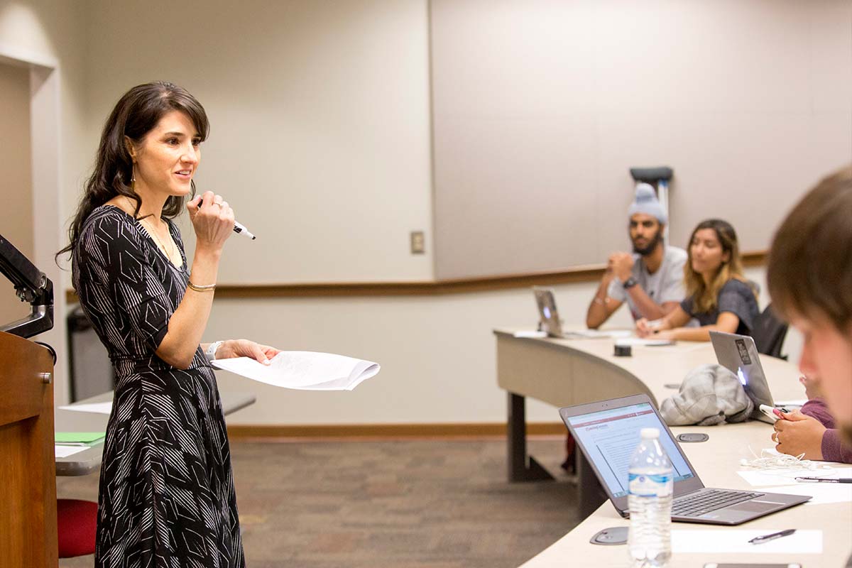Public Administration and Policy Professor Amanda Abraham teaches a class.